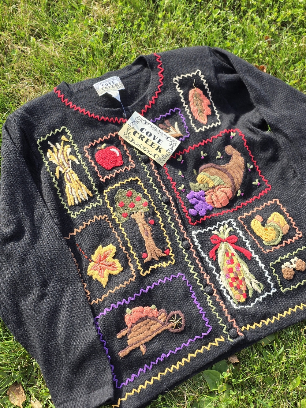 Black Embroidered Autumn Patchwork Cardigan Sweater
